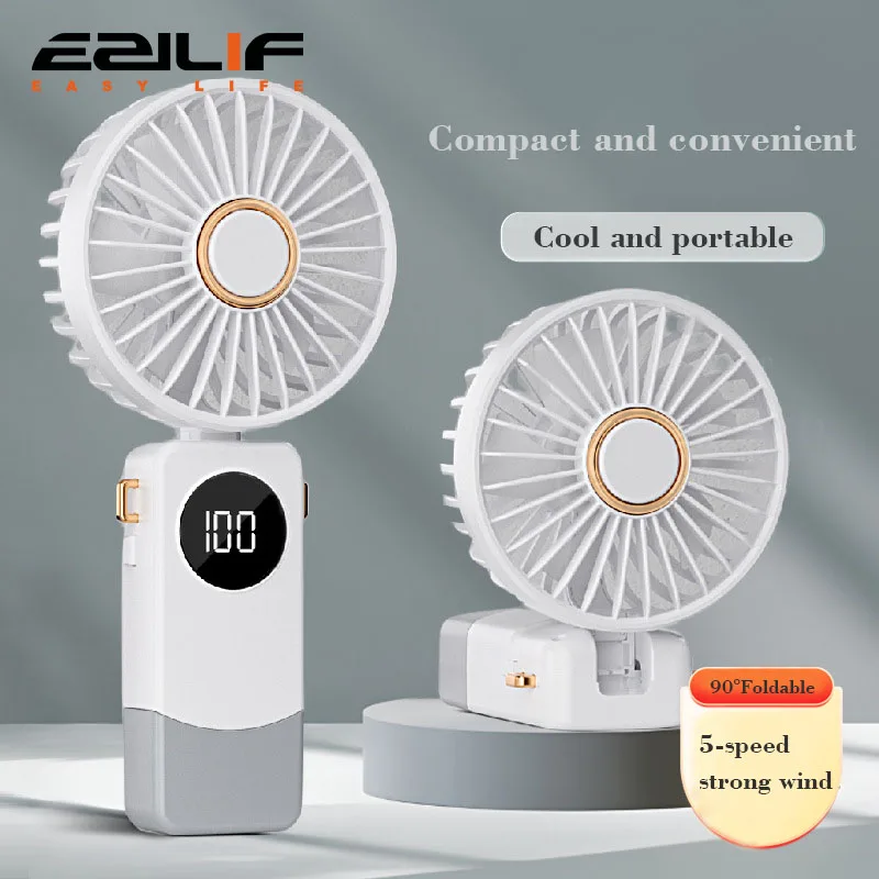 Electric Mini Fan USB Charging Quiet Handheld Desktop Foldable Fan Strong Wind 5 Speeds Adjustable Home Office School