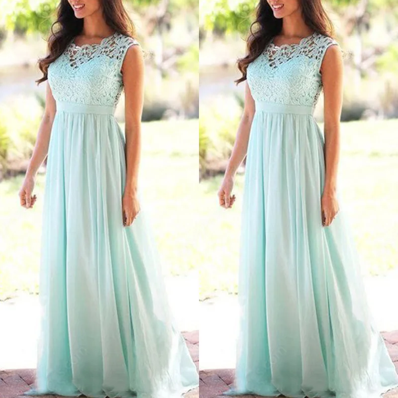 Elegant Chiffon Lace A Line Bridesmaid Dress Long Women Sleeveless O Neck Illusion Back Summer Beach Formal Evening Party Gown