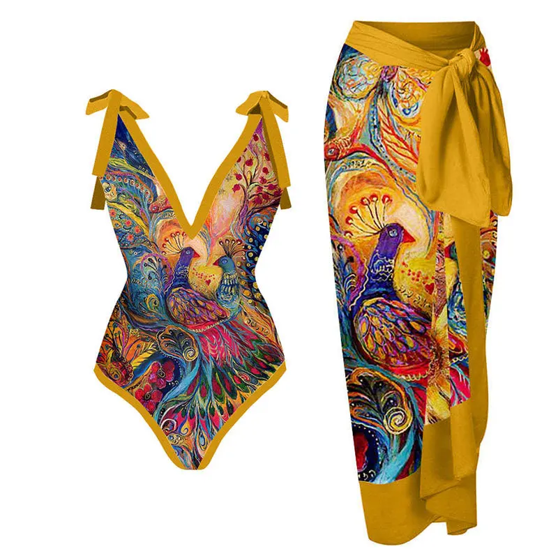 2023 Printed Swimsuit Women One Piece With Beach Skirt Padded Swimwear Female Bathers Bathing Swimming Swim Suit Beachwear