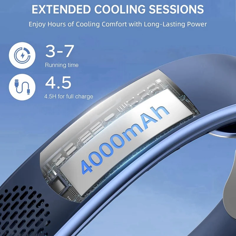 Ventilador de pescoço recarregável, ventilador pessoal com display LED, 3 velocidades com bateria de 4000mAh, para mulheres, homens, viagens, ao ar livre