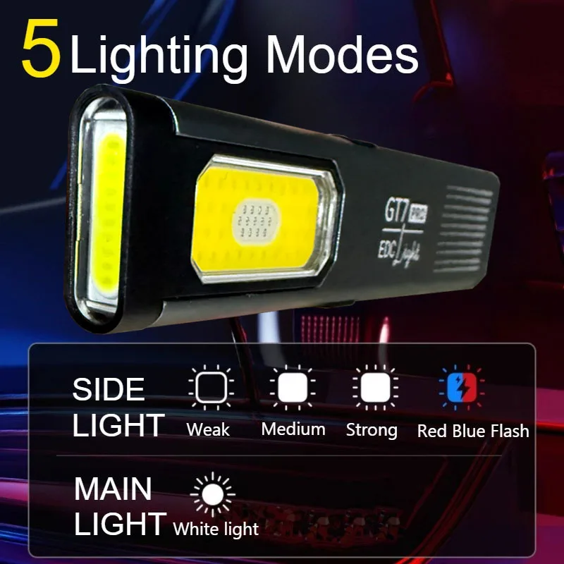 مصباح LED رفيع للغاية متعدد الأوضاع للجيب مدمج USB-C قابل لإعادة الشحن باللون الأحمر/الأزرق ضوء ستروب للعمل والحمل اليومي والسفر