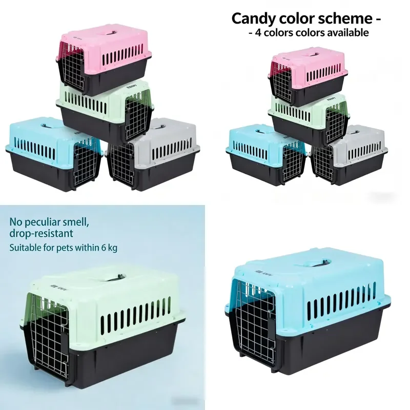 Plastic Cat Carrier Box Airline Approved with Handle Metal Door Portable Pet Cage Travel Crate Eco Friendly Suitcase Style