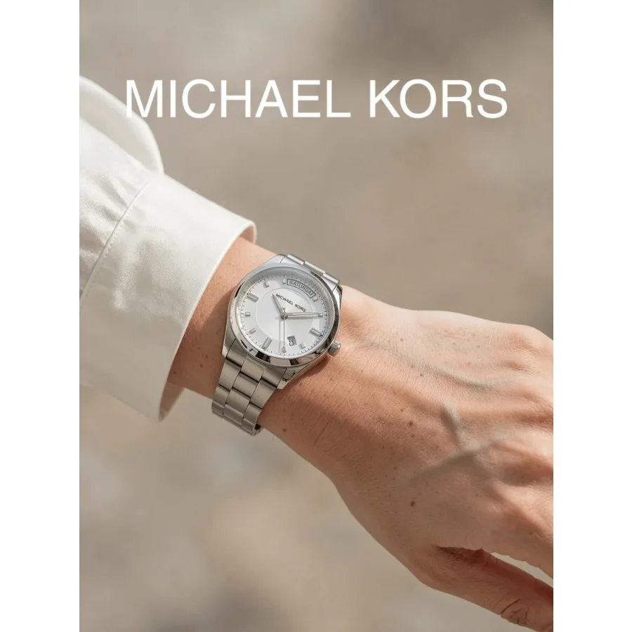 Michael Kors Men Quartz Watch Silver Steel Bracelet White Dial Day Date Display Business Casual Wristwatch Gift