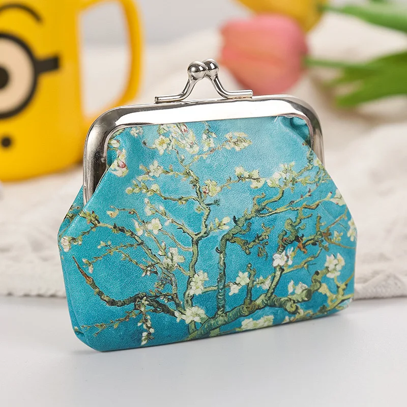 6 piezas, Monedero de piel sintética con pintura de Van Gogh para mujer, bolsa pequeña para cambio de dinero, llavero, BILLETERA, Mini bolsa de