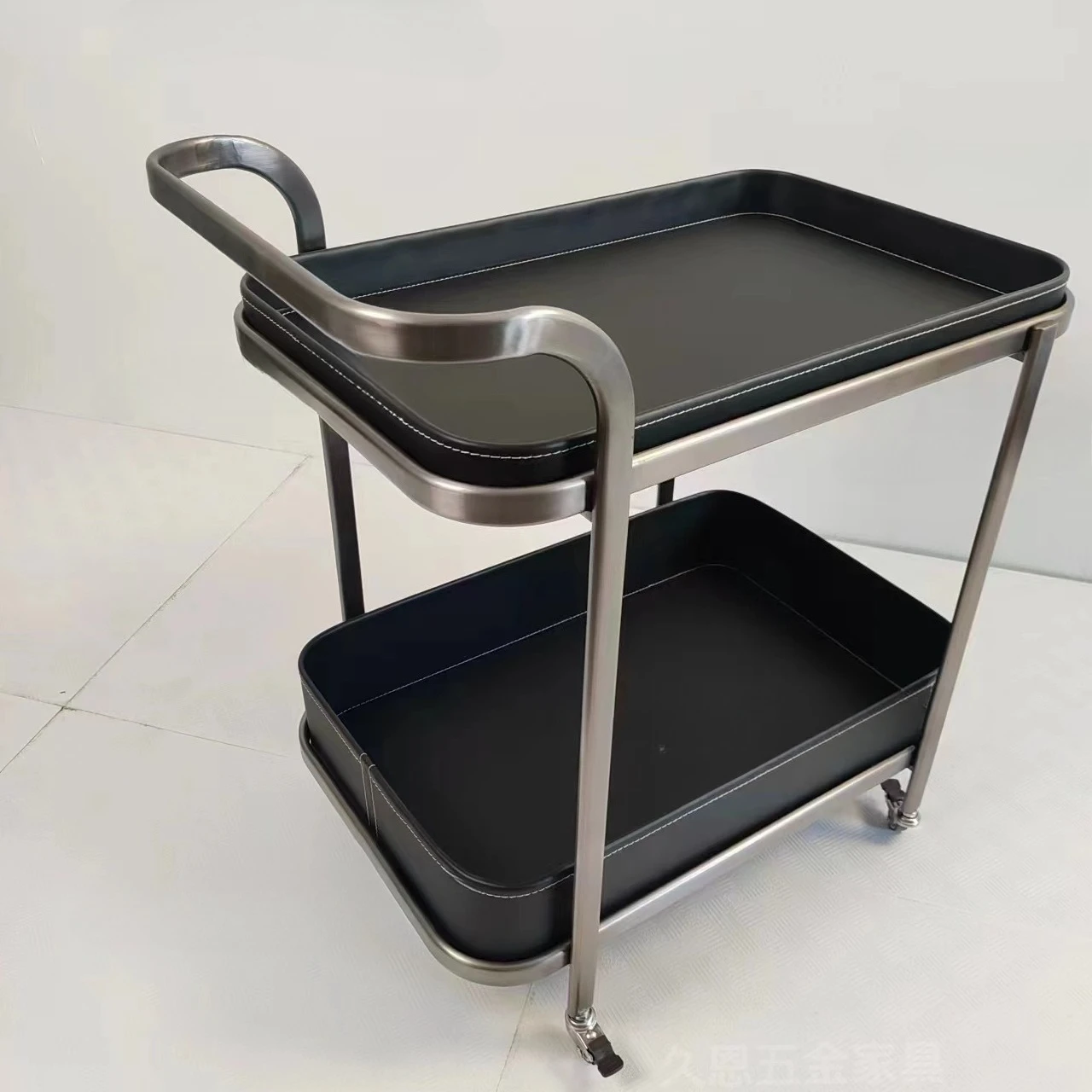 Movable saddle leather sofa side living room balcony shelf double-layer trolley