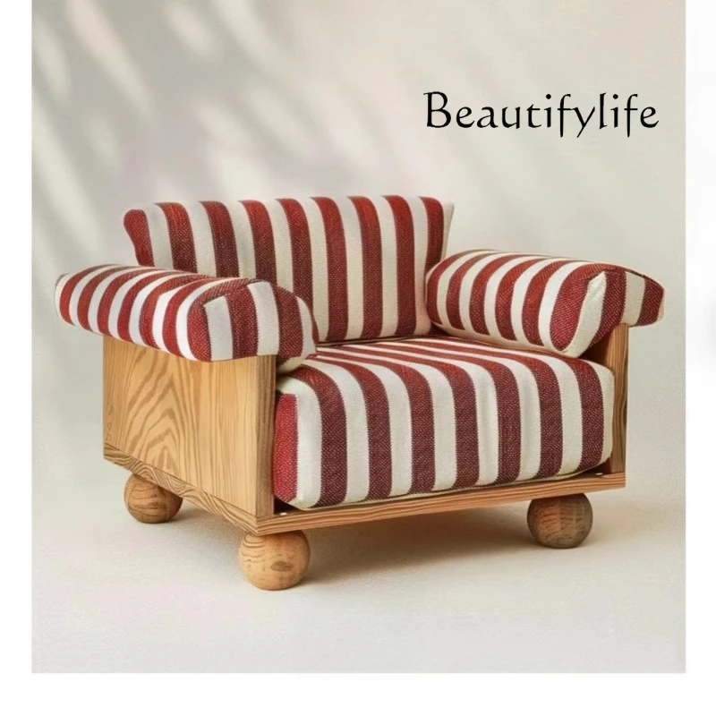 

Medieval striped fabric solid wood base single sofa chair retro pastoral style casual and comfortable