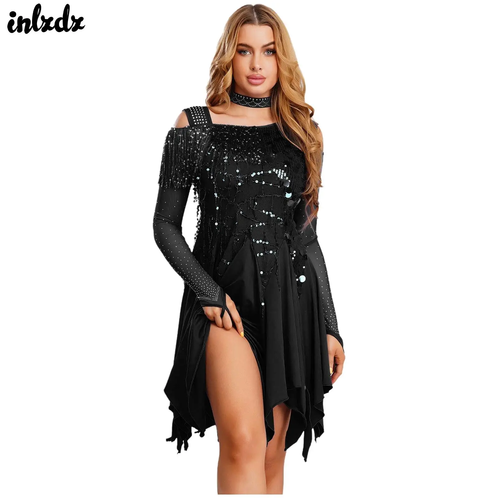 

Womens Latin Tango Dance Dress Practical Sequined Fringe Dress Sequin Tassel Mesh Long Sleeve Rhinestone Dress with Choker