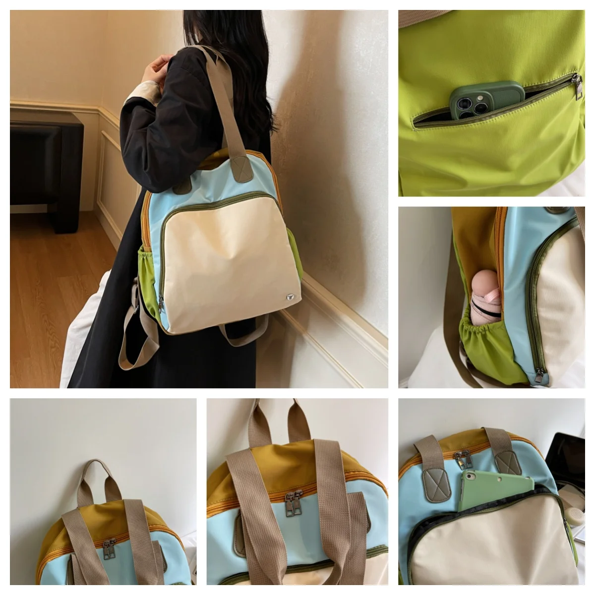 حقيبة ظهر كاجوال أنيقة للجنسين ذات كتلة ألوان، سعة كبيرة، متعددة الوظائف من النايلون، حقيبة كتف خفيفة الوزن للجنسين #5