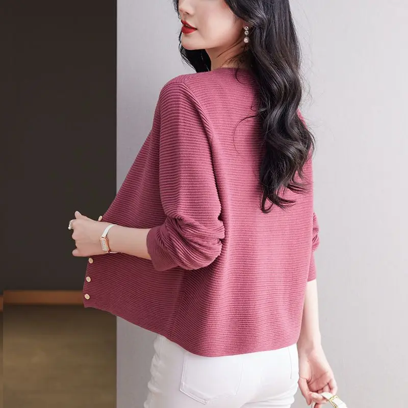 2024 New Summer Elegant Fashion Bohemian Retro Office Lady Coat Women Knitting Button Solid Color O Neck Long Sleeve Y2K Tops