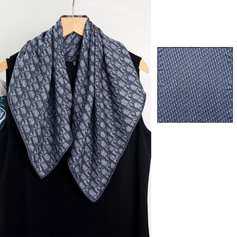 Gray Blue Letter Pattern Double Sided Silk Wool Scarf Old Money Vibe Women Premium Square Stylish Neck Band Ornament