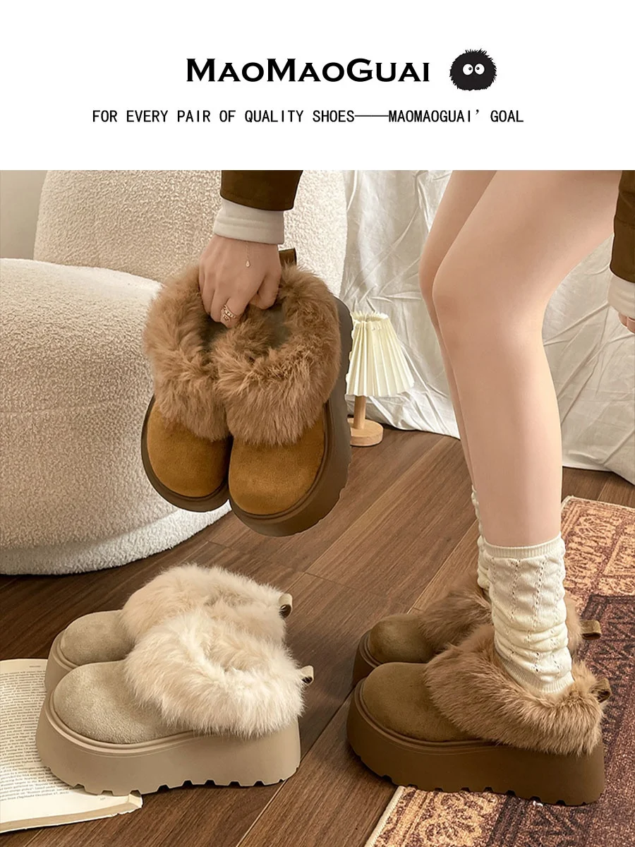 厚底ファー裏地付きスリッポンスノーブーツ暖かいカフ付きコットンシューズレトロスタイル冬通勤アンクルブーツ防水プラットフォーム