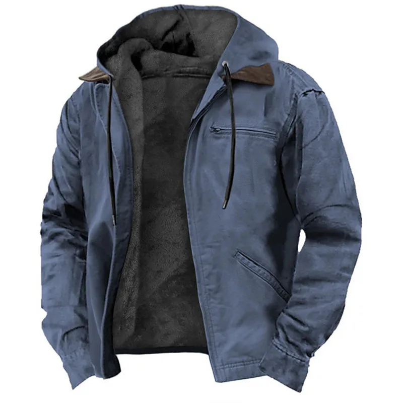 Winter New Men Casual Jackets Hooded Zipper Pocket Fashion Solid Color Fleece Warm Outerwear Male Outdoor Hooded Hoodie Coats