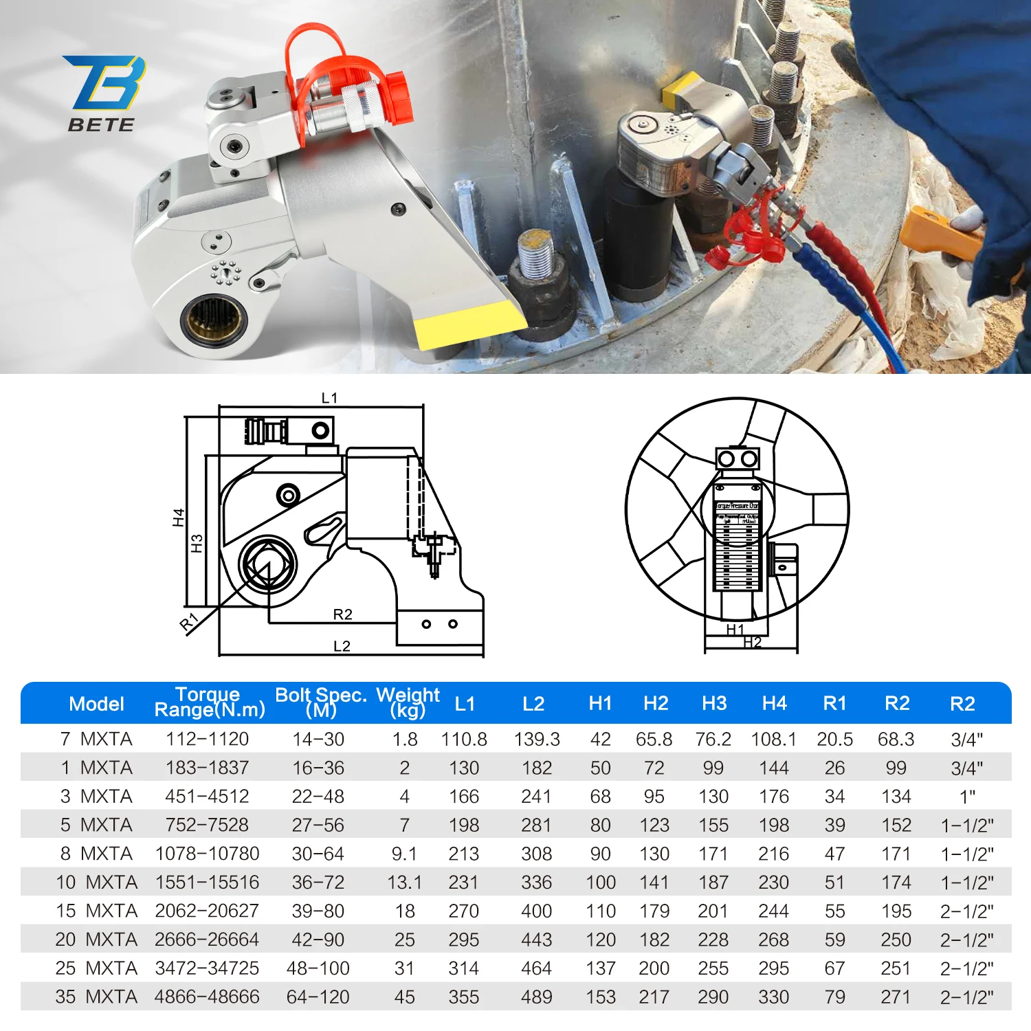 8MXTA 70Mpa 1078 إلى 10780 Nm أداة مفتاح العزم الهيدروليكي القابلة للتعديل