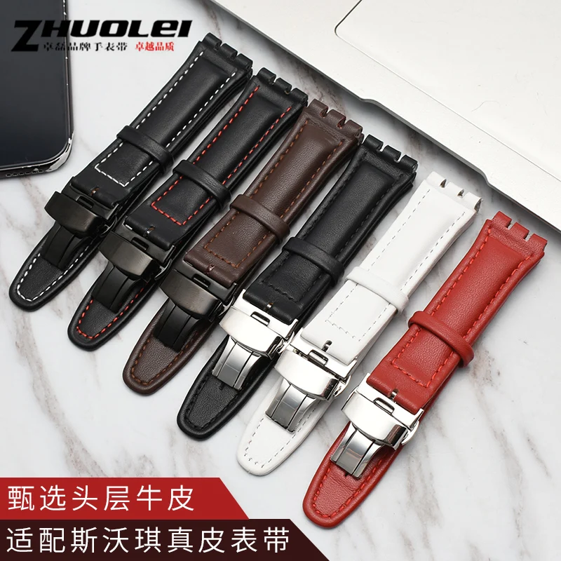 For Swatch Genuine leather Watch strap 17mm19mm Watch band men\'s women\'s watchband Red white pink blue steel buckle accessories