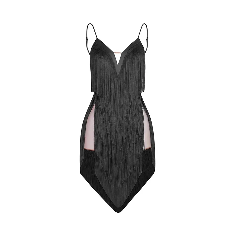 Abito da ballo latino femminile senza maniche Bae Back completamente nappa per le donne Abiti da ballo moderni per prestazioni del ventre NY60 2420