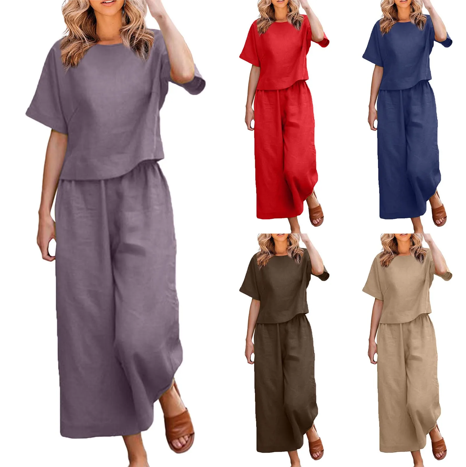 Women Cotton Linen Suit Fashion Comfortable Short Sleeve And Long Pants Solid Color Casual Loose oversized Summer Sets Dress Top