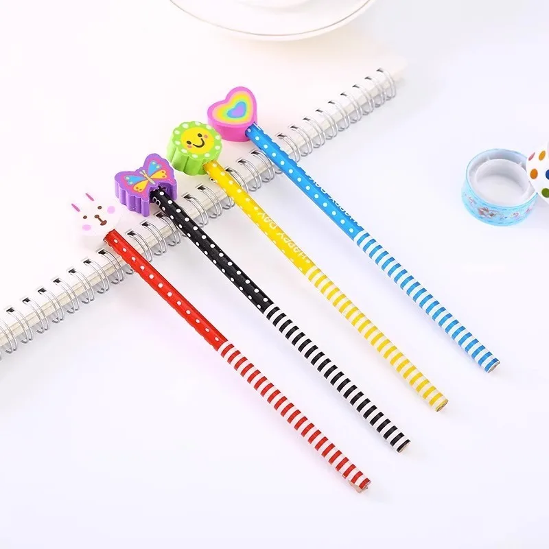 40piece Random cartoon animal HB pencils School students Wooden pen with removable eraser cute erasable correction pen