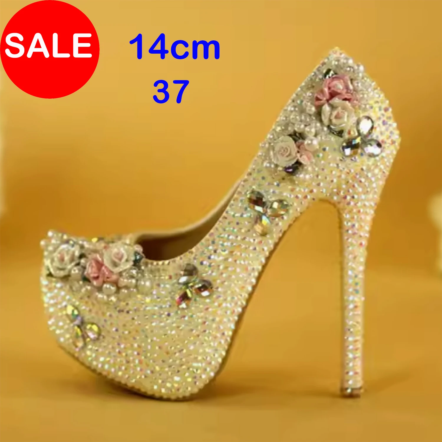 CACARE Luxury Wedding Shoes Pearl Flowers Full Rhinestones Pearl Platform High Heels Customized Bridal Shoes Cinderella F01900