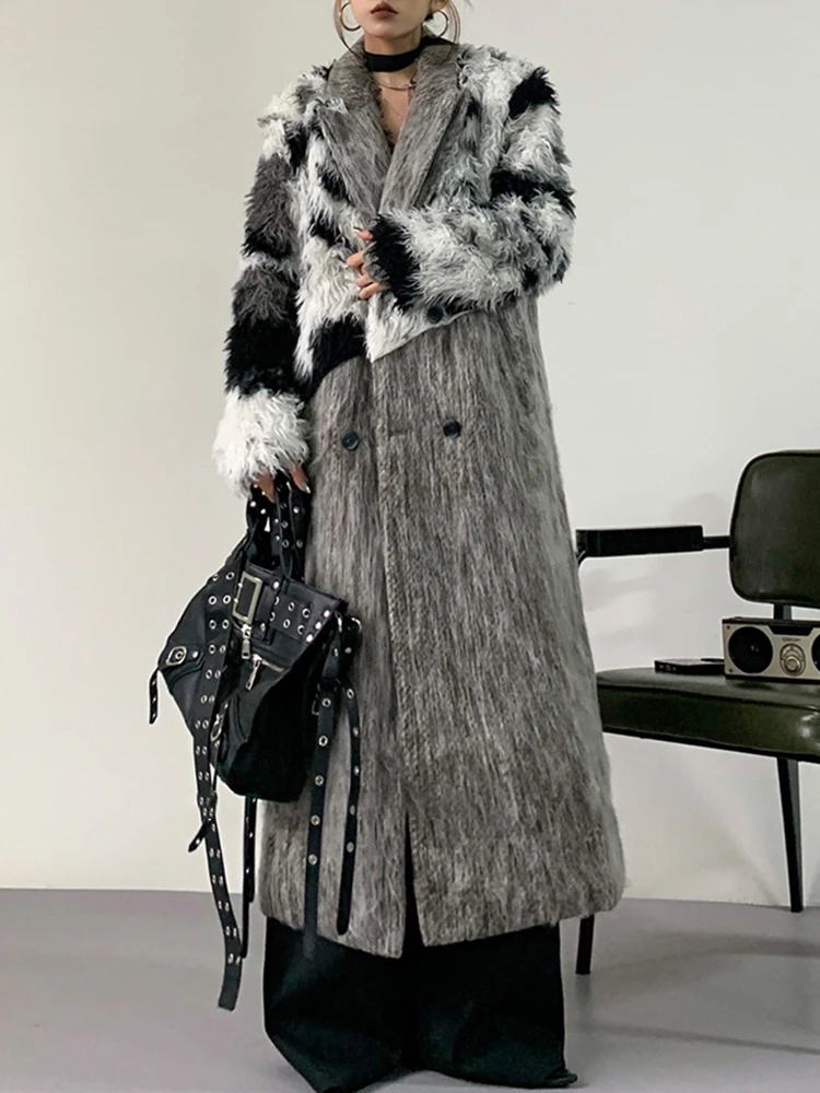 YERMORA Gray Splice Irregular Fake Fur Woolen Coat For Women Lapel Long Sleeve Overcoat Fashion Tide Autumn Winter New 2025