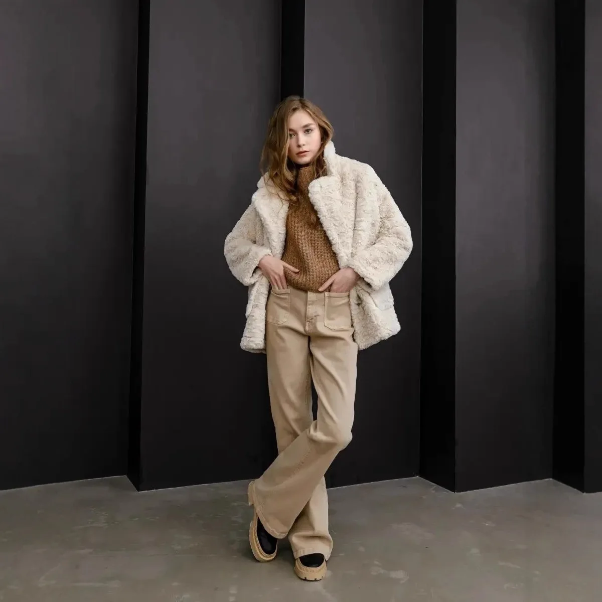 Faux Rabbit Fur Women Coats Solid Overcoats Long Sleeves Turn Down Collar Single Breasted Thick Loose Casual Autumn Winter 2025