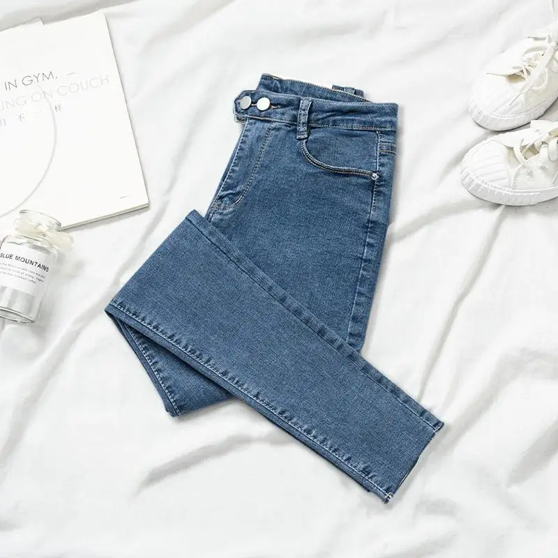 

Retro High Waist Slimming Denim Jeans Women's Spring Autumn New Sle Elastic Hemming Nine Points Pencil Pants