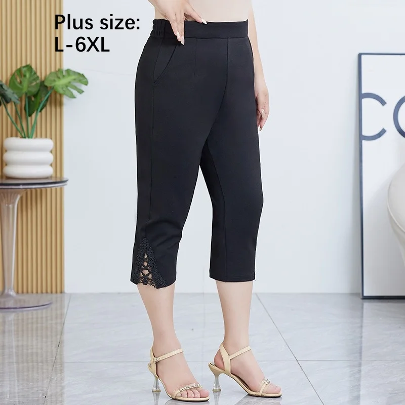 

Summer Plus Size 5XL 6XL Women Cropped Stretched High Waisted Oversized 100 KG Female Trousers Cropped Black Pants