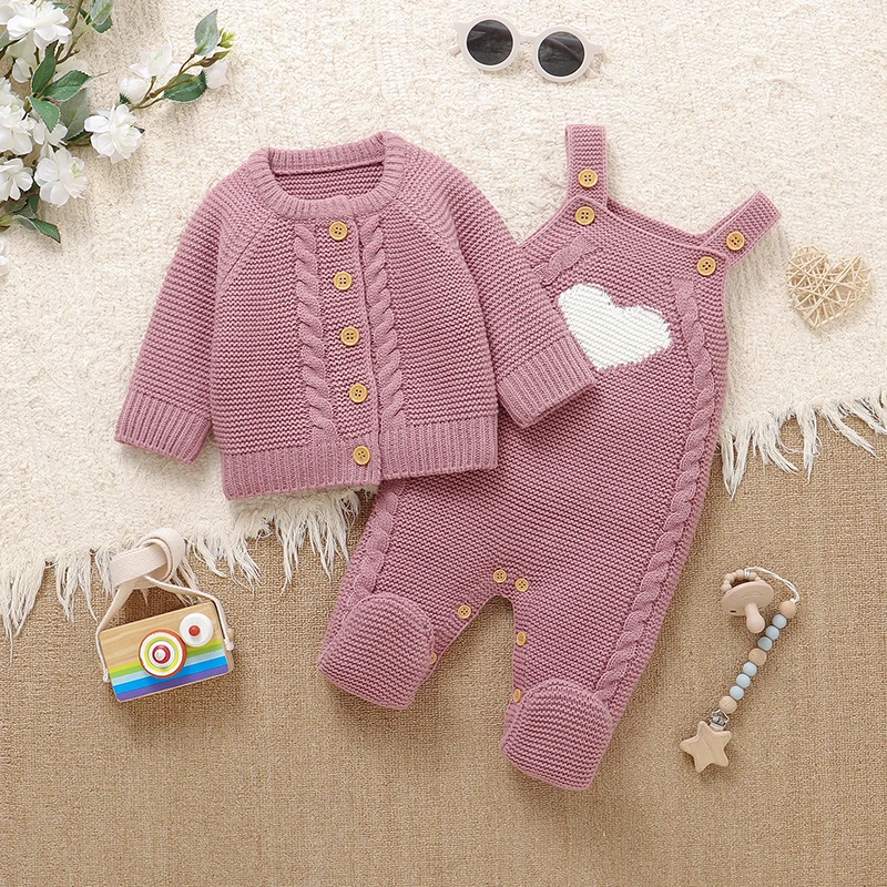 

Baby Clothes Sets Knit Newborn Girls Sweater Long Sleeve +Romper Sleeveless Foot Wrap Autumn Infant Cardigan +Jumpsuit 0-9M 2PCS
