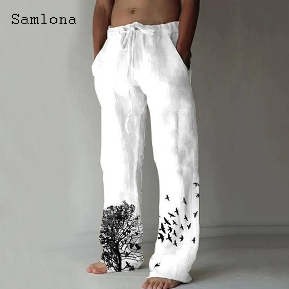 Samlona 2022 Men's Pocket Design Linen Pants Drawstring Loose Trouser Plus Size 3xl Mens Fashion Birds Feather Print Sweatpants