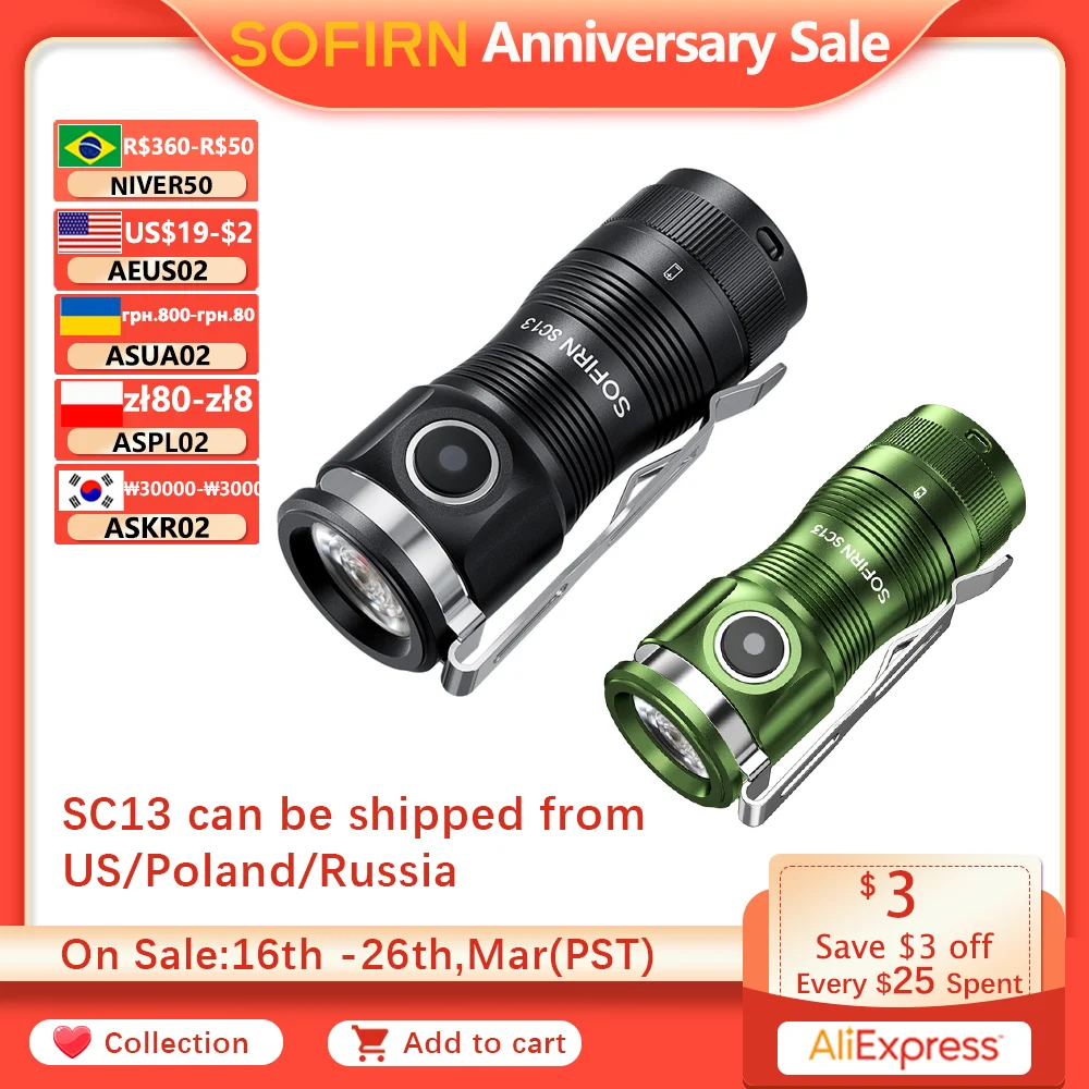 Sofirn SC13 Black Green SST40 LED 1300lm Mini Tactical 18350 Flashlight 6000K Keychain Emergency Torch