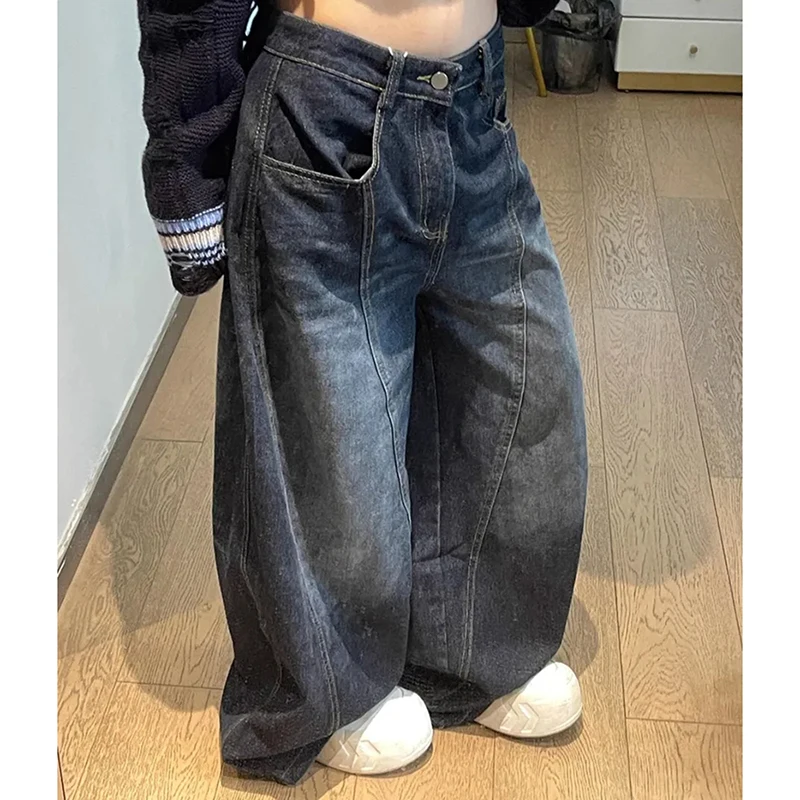 Amerikaanse Vintage Cargo Jeans Vrouwen Hoge Taille Straat Losse Wijde Pijpen Denim Broek Lui Casual Jazz Hiphop Y2K Donkerblauwe Broek