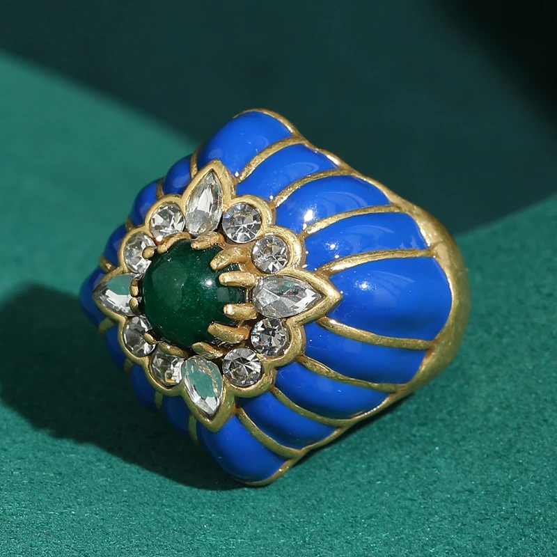 

Vintage Blue Enamel Flower Rings Adjustable Retro Gold Plated Women Designer Elegant Accessories Finger Jewelry Anniversary 2026