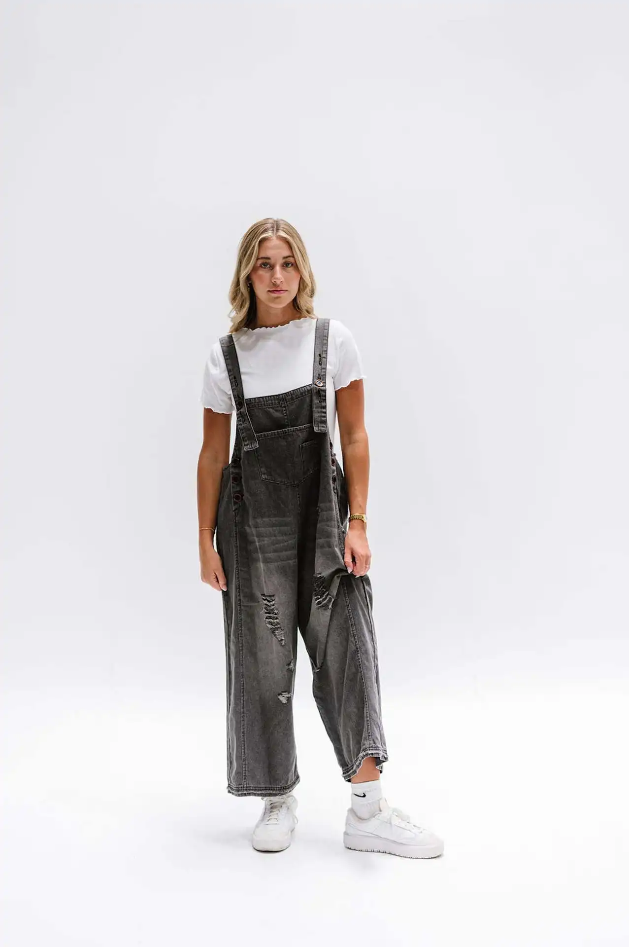 Salopette en Denim délavé Vintage, salopette Baggy ample déchirée, salopette confortable à bretelles décontractées, salopette d'été rétro à jambes larges pour femmes
