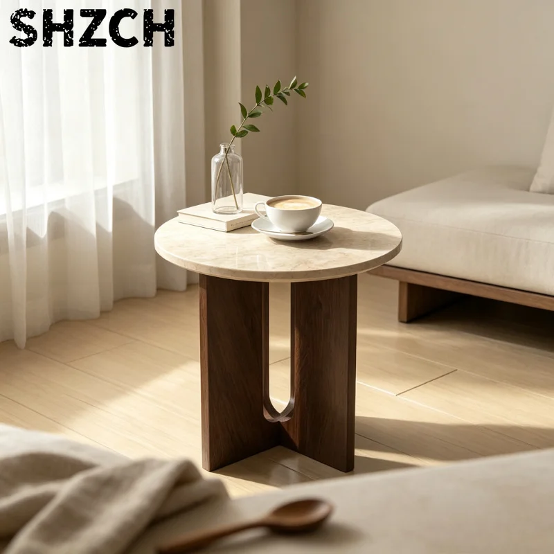 Travertine Side Table Wear Resistant Solid Wood End Table Nightstand for Bedroom Living Room Modern Durable Easy Clean
