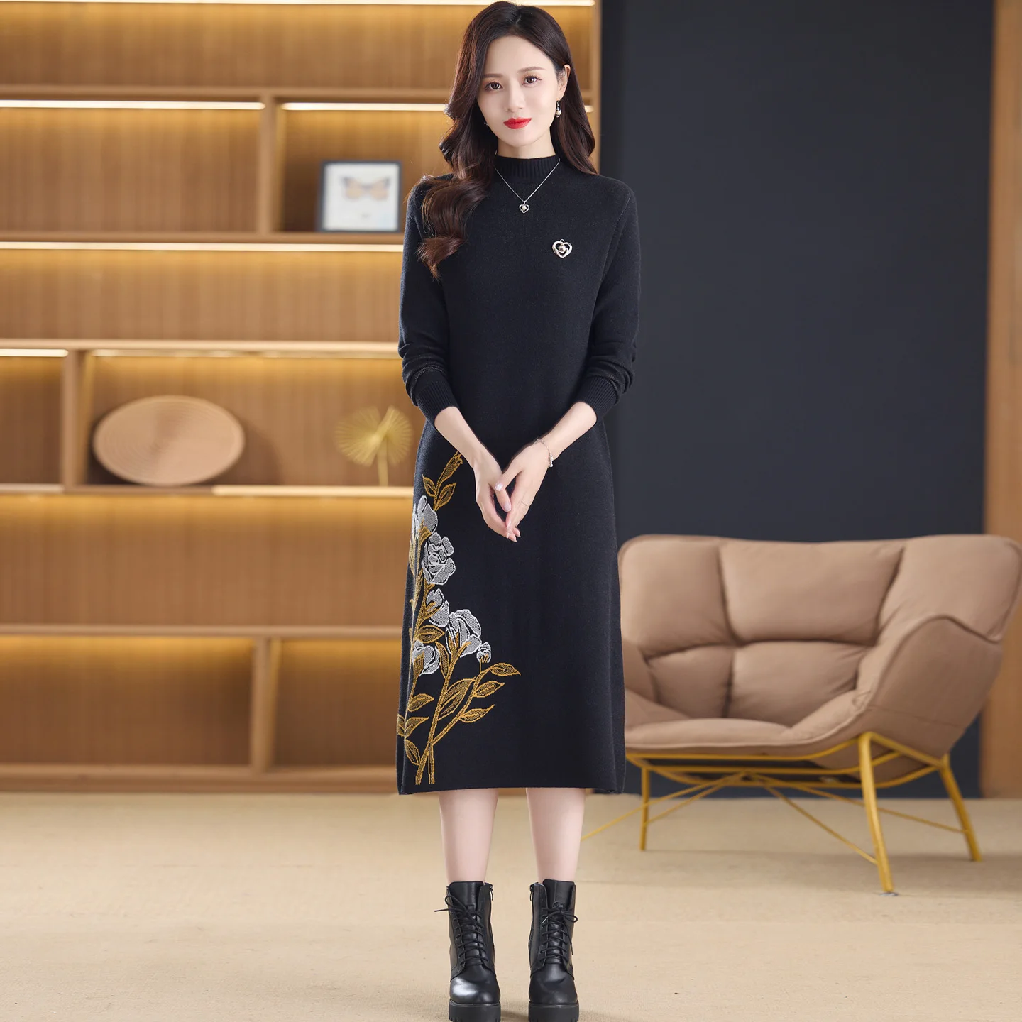

Осенние черные повседневные вязаные женские пуловеры с длинными рукавами, зимние толстые теплые платья-свитера, 2025 г., корейские свободные элегантные свитера