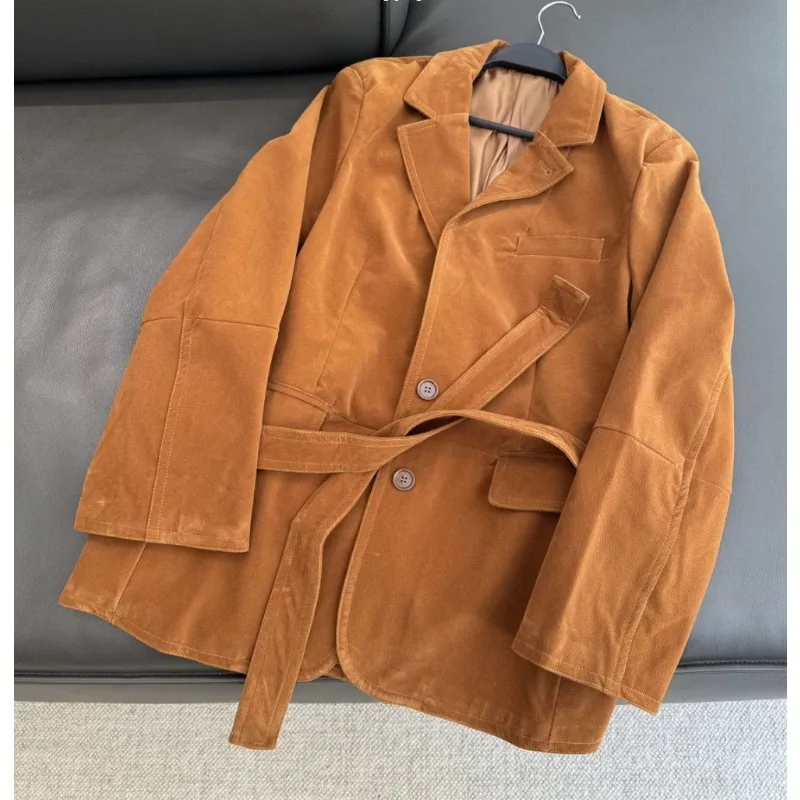 معطف خارجي عالي الجودة معطف عصري بدلة ريترو سترة أنثوية ساحرة عصرية من جلد الغزال حزام بدلة على الطراز القديم سترة نسائية