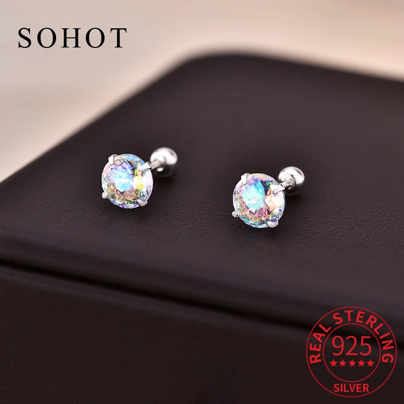 Real 925 Sterling Silver Colorful Shining Round Zircon Stud Earrings for Charming Women Fine Jewelry Luxurious Accessories