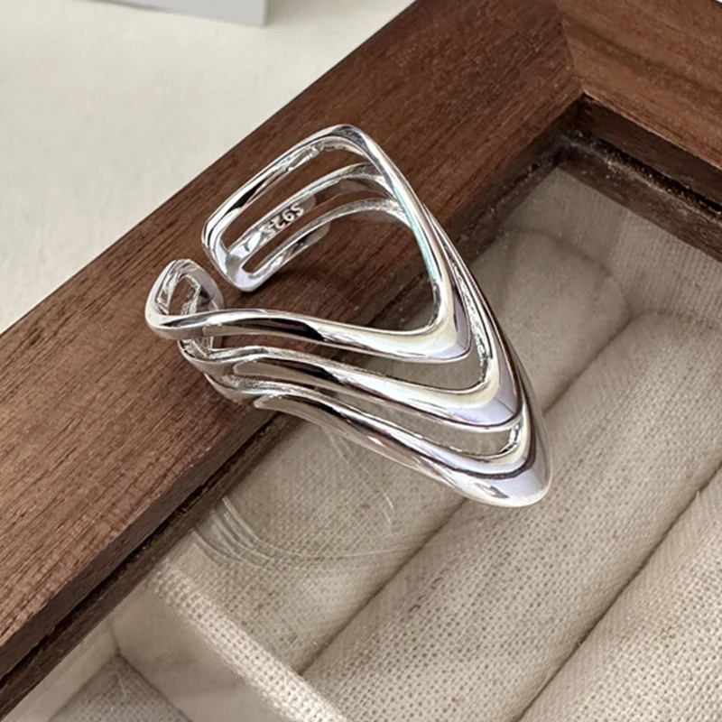 PANJBJ 925 Sterling Silver Three Layers Ring For Women Hollow Out Punk Exaggerated Minimalism Design Jewelry Gift Dropshipping
