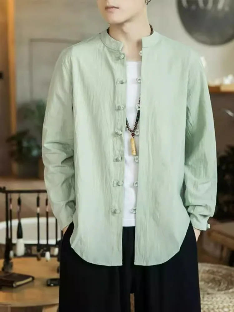 

Chinese Style Men's Long Sleeve Cotton Linen Shirt Large Size Youth Zhongshan Coat Casual Loose Fit Daily Wear Autumn Shirt
