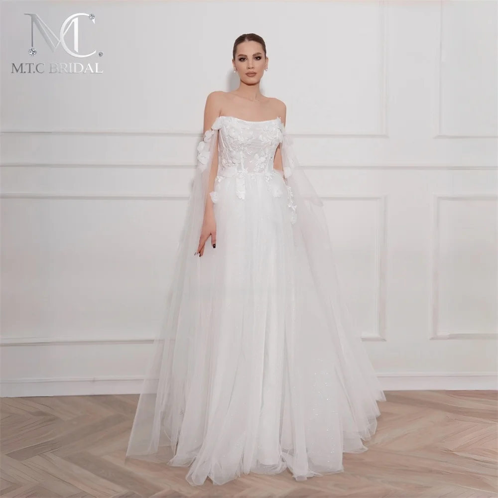 Graceful White Flowers Tulle Wedding Dress Off The Shoulder Cape Sleeves  A Line Corset Floor Length Maxi Bride Gown For Wedding