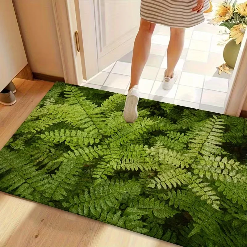 Realistic Dense Green Fern Leaf Doormat Jungle Botanical Print Non Slip Entry Door Mat for Front Door Home Decor