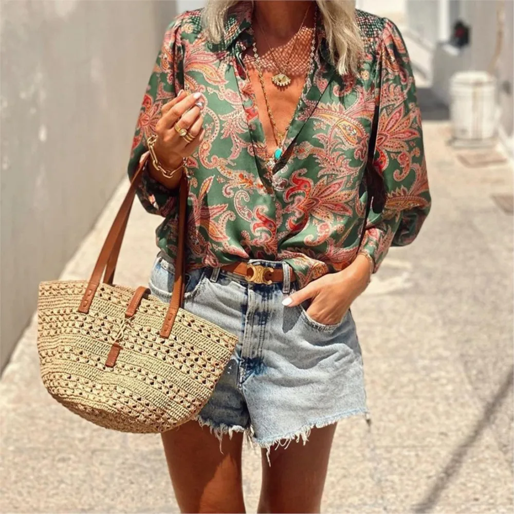 

Retro Printed Lapel Long Sleeved Blouse 2025 Women's Autumn New Style Fashionable Loose Printed Casual Shirt Camisas Femininas