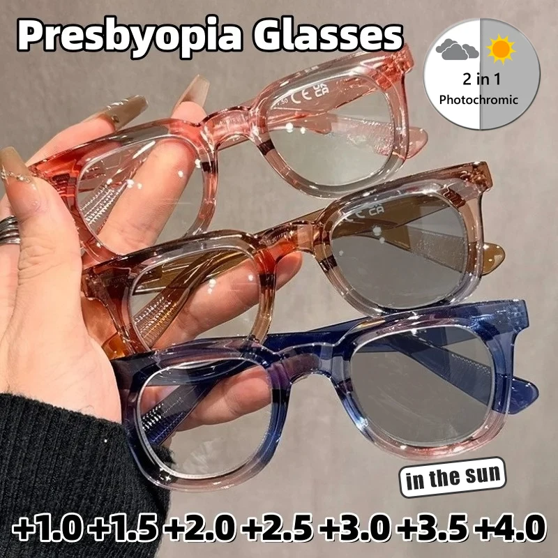 

New Photochromic Anti-Blue Light Presbyopia Glasses Fashionable High Definition Square Frame Reading Eyewear +1.0 To +4.0