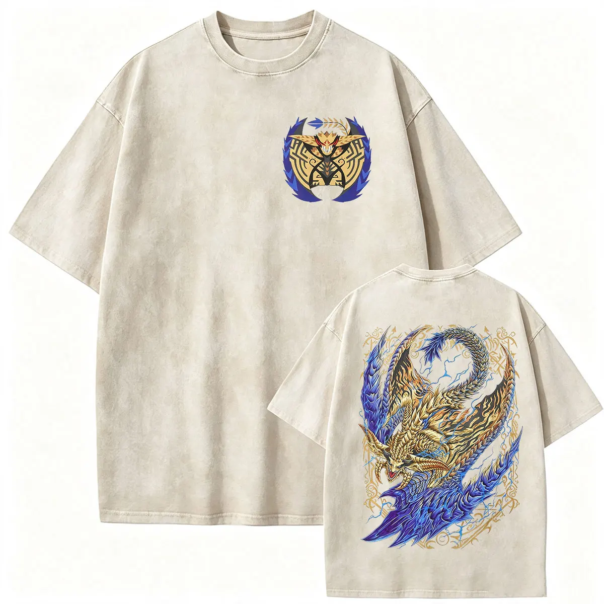 Vintage Washed Rey Dau The Shining Thunder Monster Hunter Game Fans T-Shirt für Männer und Frauen, lässiges Baumwoll-Oversize-T-Shirt, Streetwear – Detail 4