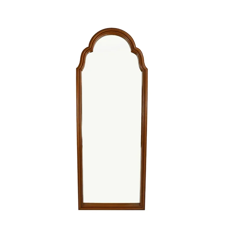 Retro Arched Full Length Floor Mirror Wood Grain Finish Large Wall Mounted Standing Glass for Home Bedroom Living Room Decor