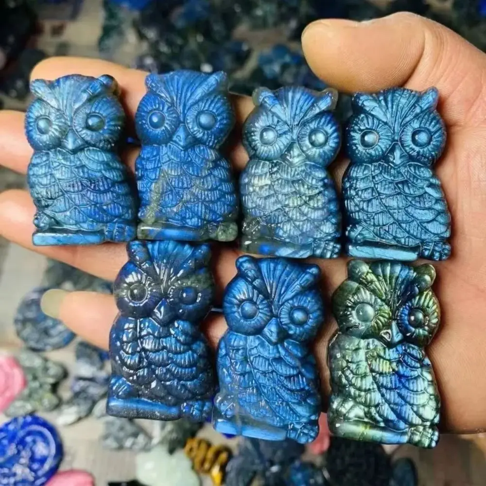 

Natural Crystal Labradorite Blue Shimmering Owl Carving Model Engraved Healing Energy Stone Gift Decoration for Presentation
