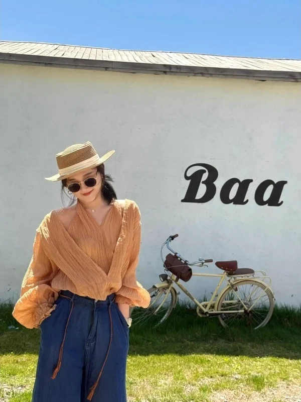 

Женская рубашка Ele Cold Tone в модном уличном стиле, повседневная, с оборками на плечах, длинными рукавами, круглым вырезом, на пуговицах