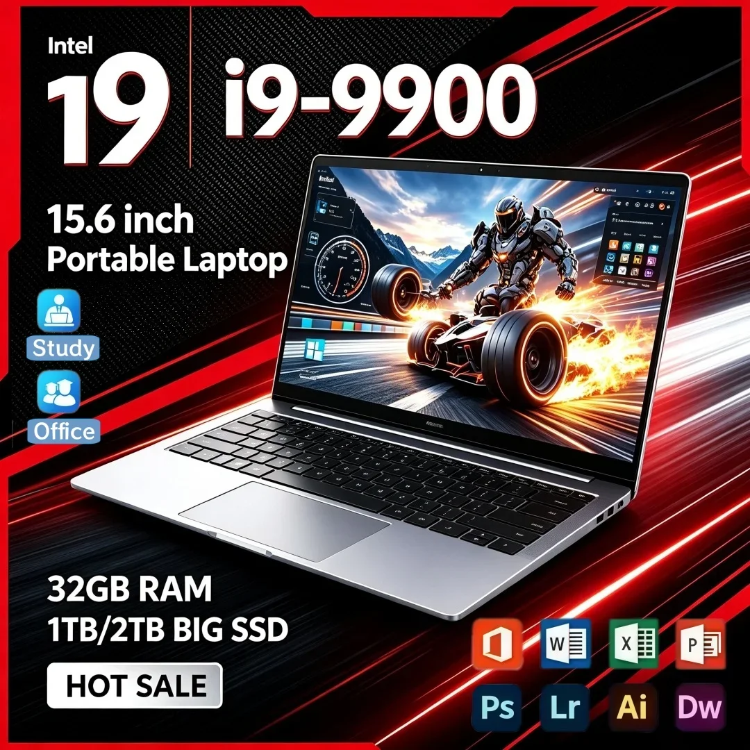 15.6 Inch Ultra Slim Laptop Intel i9‑9900 Windows11 Trendy Portable Notebook Office 16GB/32GB RAM 1TB/2TB Big SSD Study