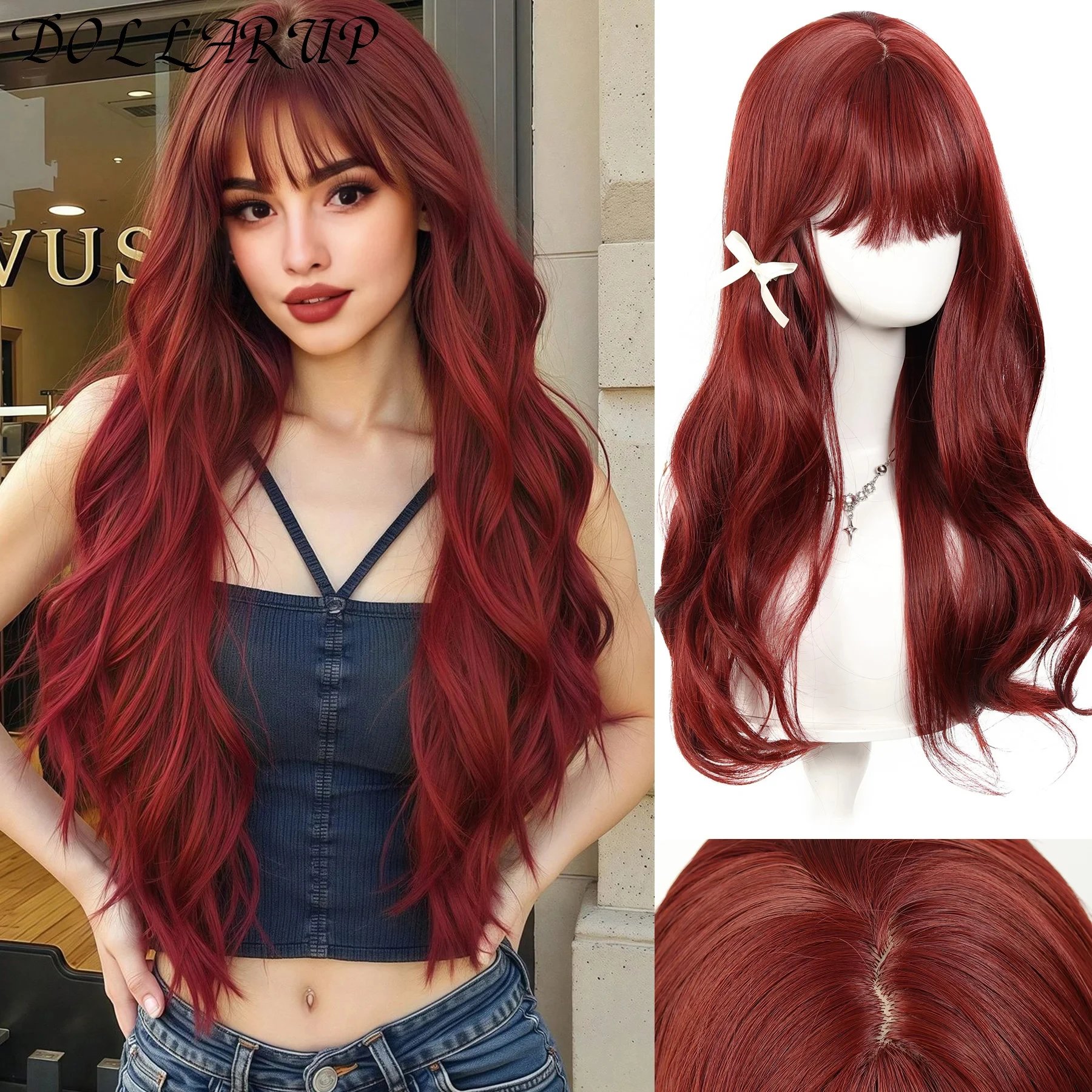 JKL Red Brown Copper Ginger Long Straight Synthetic Wigs for Women Natural Wave Wigs with Bangs Heat Resistant Cosplay Hair