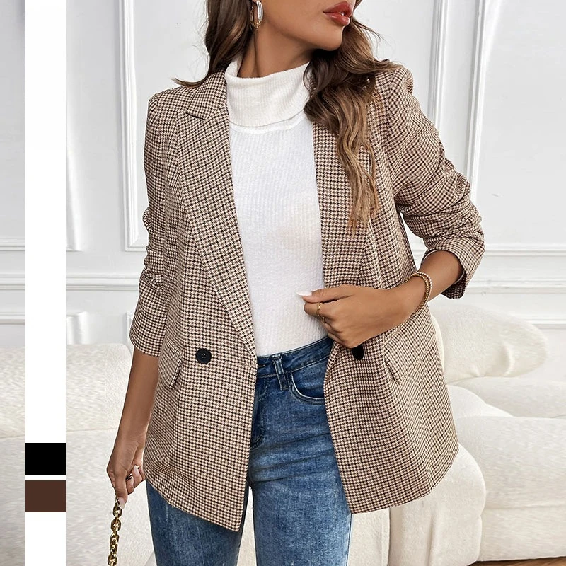 

2025 Autumn New Commuter Casual Women Suit Jacket Retro Style Thousand Bird Grid Female Coat