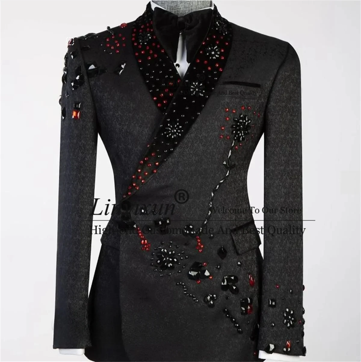 

Double Breasted Beaded Crystals Groom Wedding Fashion Jacquard Men Suits Male Party Prom Blazer 2 Pieces Sets Costume Homme